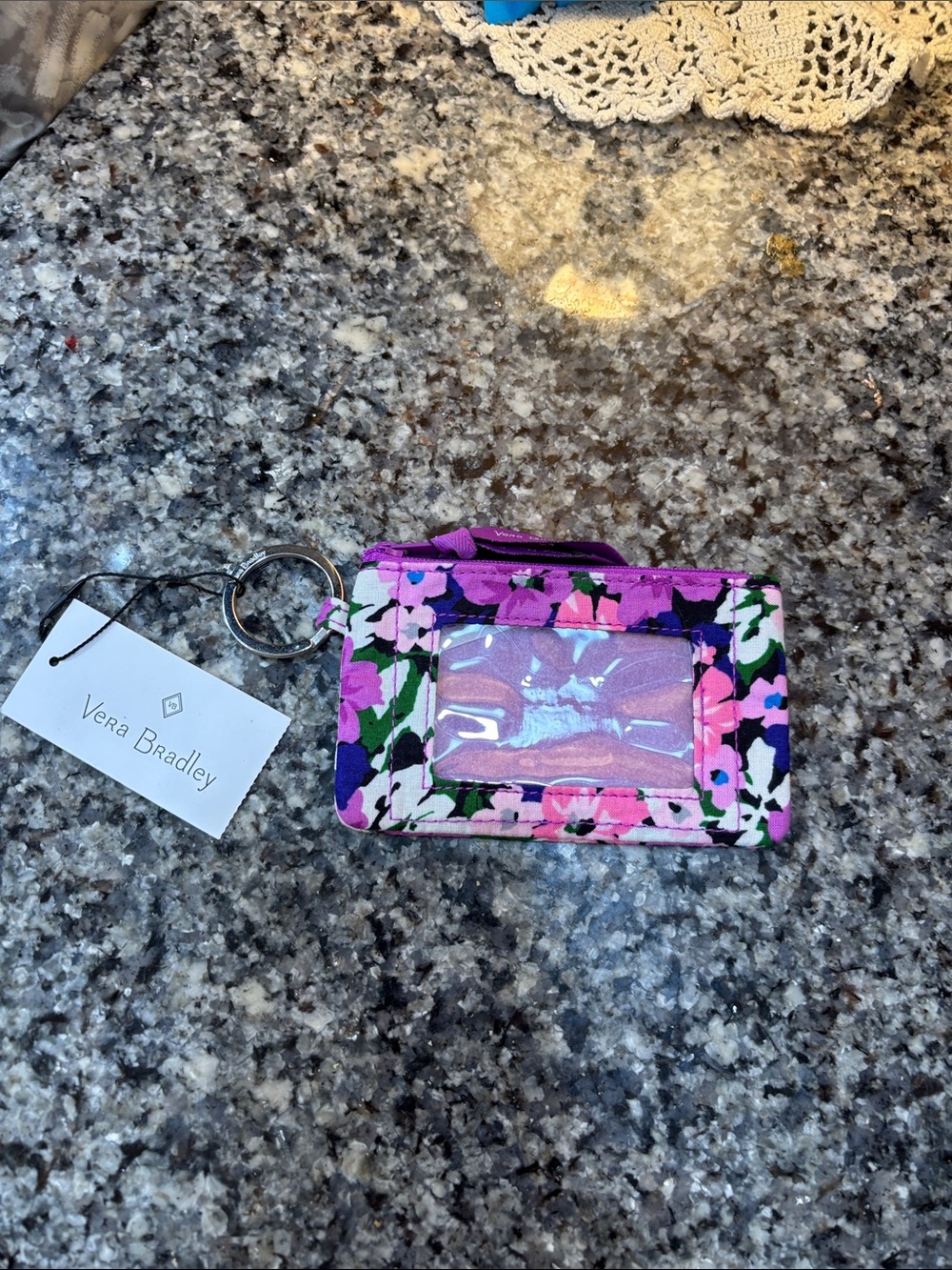 Vera Bradley Floral ID Card Holder Keychain in Purple, Pink & Green